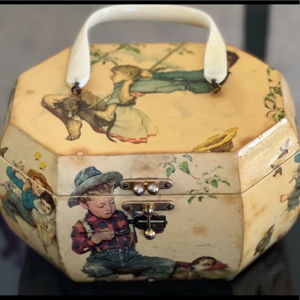 rare,vintage Annie Laurie original 1950’s wooden purse Norman Rockwell images